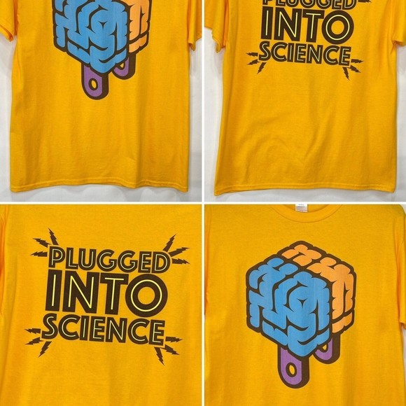 Mens T-Shirt Size Large Yellow Plugged Into Science Gildan Short Sleeves - Picture 7 of 15